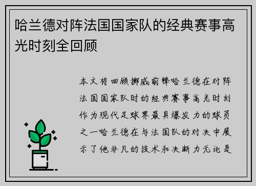 哈兰德对阵法国国家队的经典赛事高光时刻全回顾