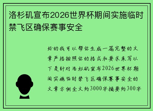 洛杉矶宣布2026世界杯期间实施临时禁飞区确保赛事安全