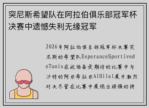 突尼斯希望队在阿拉伯俱乐部冠军杯决赛中遗憾失利无缘冠军
